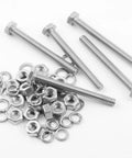 Nuts And Bolts Set 1/4-20 By 2-1/2 Inch Stainless Steel With Hex Nuts And Flat And Lock Washers displayed on white background.