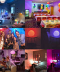 LED Candelabra Light Bulbs Set Of 6 With Color Changing RGB And 5700K Cool White Small Base B11 560 Lumen 40W Incandescent Equivalent in various room settings, showcasing mood lighting and party vibes.