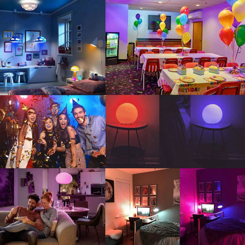 LED Candelabra Light Bulbs Set Of 6 With Color Changing RGB And 5700K Cool White Small Base B11 560 Lumen 40W Incandescent Equivalent in various room settings, showcasing mood lighting and party vibes.