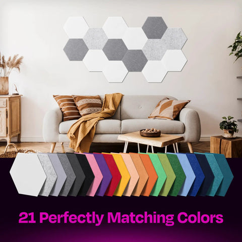 Make Your Space Pop With These High Density White Hexagon Acoustic Panels to Dampen Noise and Kill Echoes Quick for Studios Podcast Rooms and Home Offices Sound Absorbing Wall Tiles Pack of 12 Insane Value displayed on a modern living room wall with matching colors.