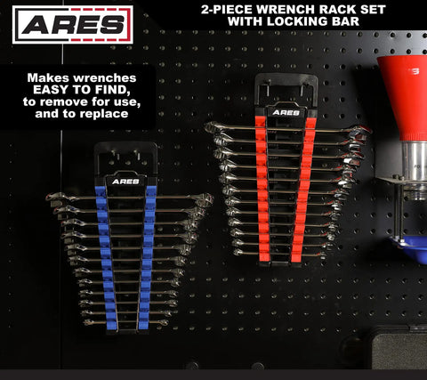 Gotta Keep Your Shop Super Tidy With This Heavy Duty 2 Piece Wrench Holder Rack Set Featuring Slam Lock Grips For SAE And Metric Tools Wall Mount Garage Organizers, blue and red racks on pegboard.