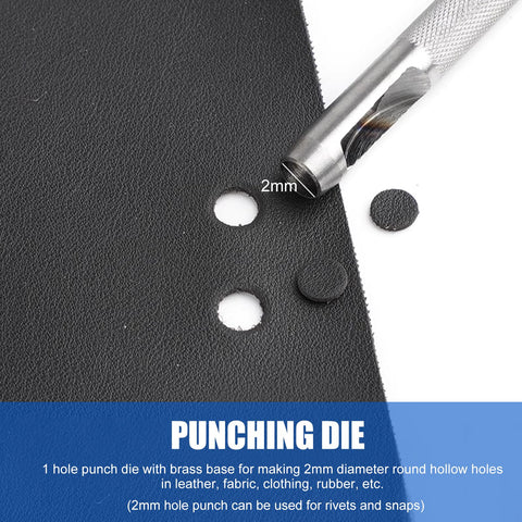 2mm hole punch die for Grab And Go No Fuss All In One Manual Rivet Press Kit for leather and fabric, shown with sample material
