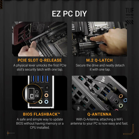 TUF Gaming B850-Plus WiFi AM5 ATX Motherboard EZ PC DIY with PCIe Q-Release, M.2 Q-Latch, BIOS Flashback, and Q-Antenna features.