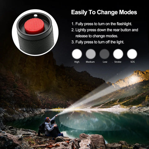 Person using Beast Mode LED Tactical Flashlight S2000 4 Pack with zoom beam shining across a lake under night sky