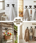 Heavy Duty Kickass Cast Iron Mustache Wall Hooks displayed in bathroom, kitchen, porch, and entryway for versatile storage solutions.