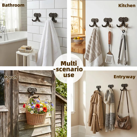 Heavy Duty Kickass Cast Iron Mustache Wall Hooks displayed in bathroom, kitchen, porch, and entryway for versatile storage solutions.