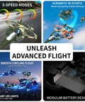 Fighter Mini RC Airplane For Kids And Newbies Hand Launch Stunt Drone With Auto Hover 3D Flips One Button Takeoff Easy Joystick Control Three Speeds Propeller Guards Indoor Outdoor Toy Gift featuring 3-speed modes, 3D stunts, LED lights, modular battery.