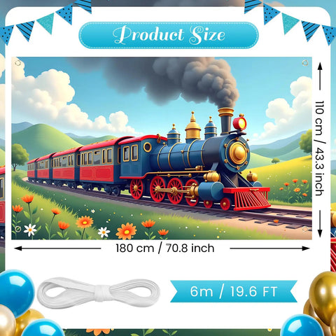 Epic Train Party Backdrop Banner Locomotive Theme Steam Train Decoration For Birthday Party Supplies, 180x110 cm, colorful train scene