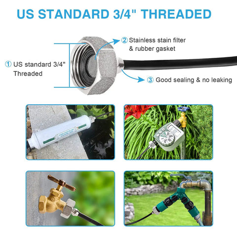 Outdoor Patio Misting System Kit For Cooling, 75 Feet With 28 Brass Nozzles And Three Quarter Inch Adapter, showing connections and adapter parts