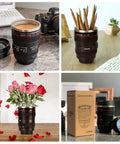 Camera Lens Coffee Mug Travel Cup Stainless Steel Lens Mug Thermos With Lid And Spoon Two Lids Leakproof Design Dope Gift For Photographers Men And Women, shown holding coffee, pencils, flowers, and next to packaging.