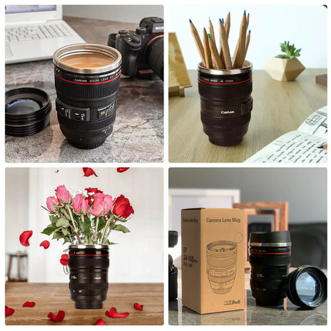 Camera Lens Coffee Mug Travel Cup Stainless Steel Lens Mug Thermos With Lid And Spoon Two Lids Leakproof Design Dope Gift For Photographers Men And Women, shown holding coffee, pencils, flowers, and next to packaging.