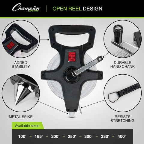 Open Reel Measuring Tapes With Durable Hand Crank And Metal Spike, Dual Sided Feet And Meters; 100-400 ft size options shown