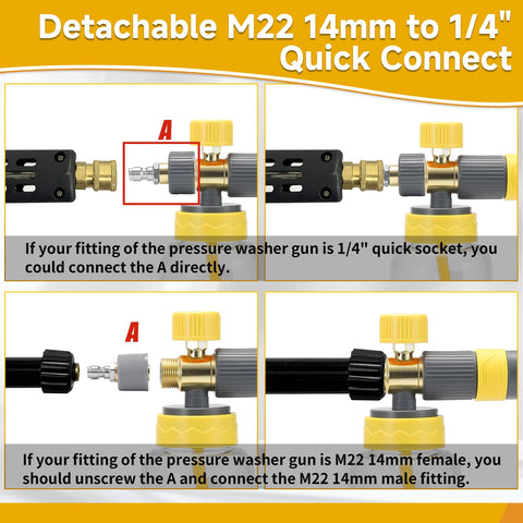 Illustration showing Dual Connector Foam Cannon Gun For Pressure Washer Quick Connect with detachable M22 fitting.