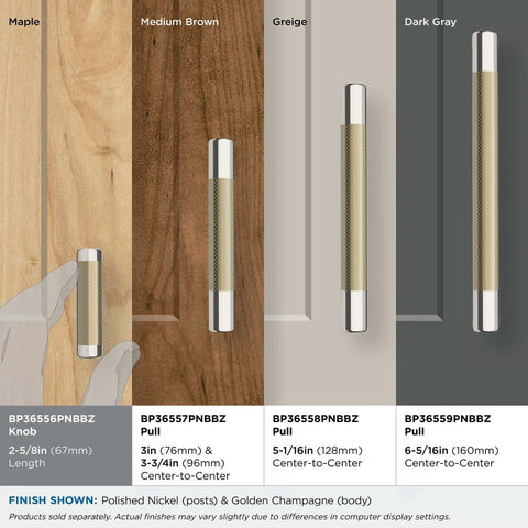 Contemporary Polished Nickel And Golden Champagne Cabinet Knob with Esquire Series design, shown against four wood finishes.