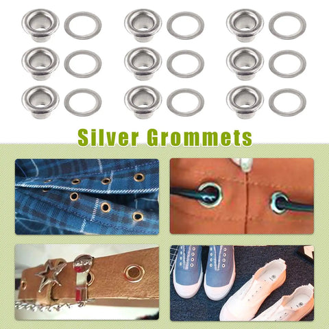 Rock Solid 50 Pair Silver Metal Eyelet Grommets With Matching Washers, Thickened 17 Mm 3/5 Inch displayed with various applications.