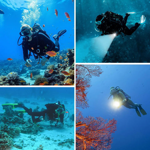 Scuba divers using Four In One Dive Light For Scuba With 3600 Lumen Floodlight, 2000 Lumen Spotlight, Red And UV Modes underwater