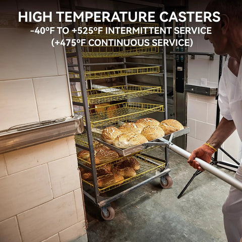 CWfutureparts 4-inch hi-temp glass-filled nylon casters set of 4 on a bakery cart with bread