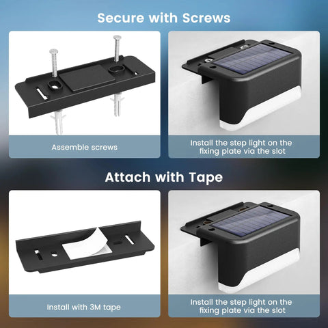 Installation guide for Real Deal Solar Deck Lights with screws and 3M tape, showing fixing plate for easy setup.