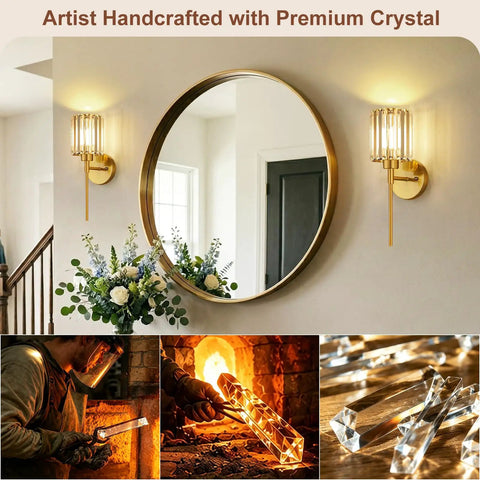 Two Pack Crystal Rechargeable Wireless Wall Sconces Featuring Brushed Gold Finish With Adjustable Dimming Remote And Multi Hue Settings Built For Super Quick Mounting And Zero Wiring Hassles Ever. Crystal glass sconce beside a round mirror.