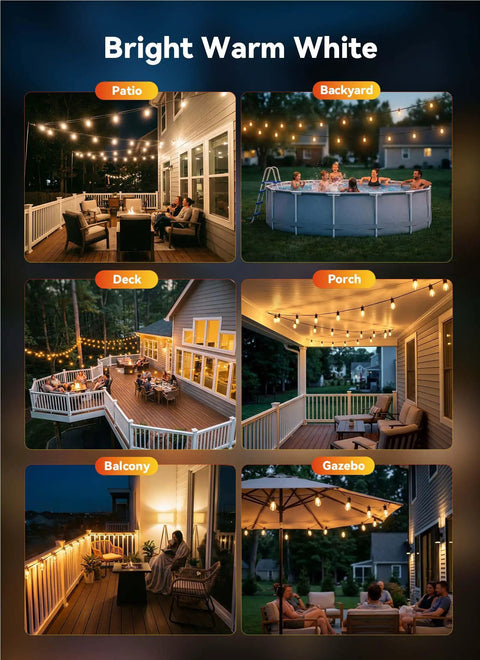 101Ft Outdoor LED String Lights Waterproof With 31 Shatterproof S14 Vintage Edison Bulbs lighting patio, backyard, deck, porch, balcony, and gazebo.