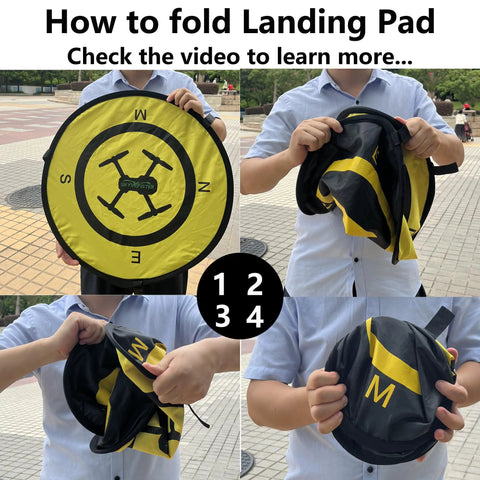 Person folding All Weather 21 Inch Drone Landing Pad With Quick Fold Double Sided Universal Parking Apron
