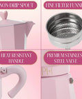 Pink Stovetop Espresso Maker 6 Cup Moka Pot with Heart Knob, showing non-drip spout, fine filter funnel, heat resistant handle, stainless steel valve.