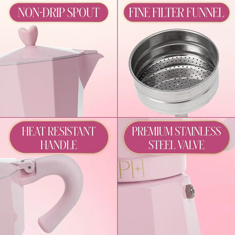 Pink Stovetop Espresso Maker 6 Cup Moka Pot with Heart Knob, showing non-drip spout, fine filter funnel, heat resistant handle, stainless steel valve.