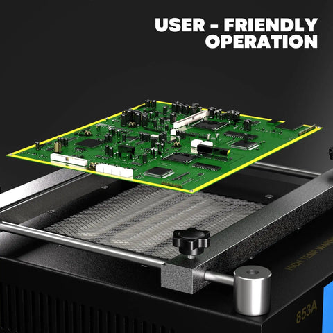 Pro Grade No Frills Digital Soldering Hot Plate For BGA Rework And SMD PCB Welding 110V 450W shown with circuit board