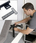 Man installing Ridiculously Sturdy Universal Headboard Brackets For Metal Bed Frame With Adjustable Footboard Extension Kit Dead Easy To Mount On Twin Full Queen King Sizes Matte Black Two Pack.