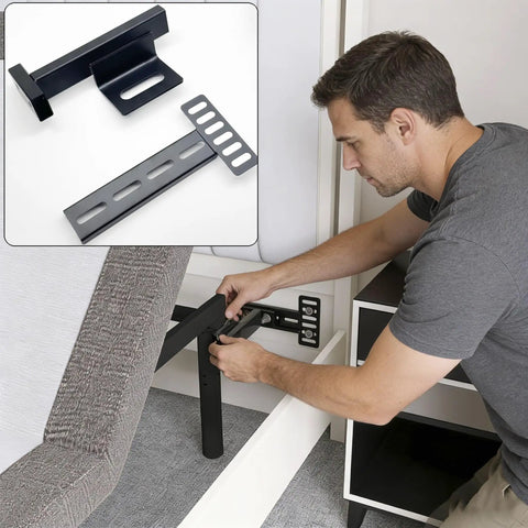 Man installing Ridiculously Sturdy Universal Headboard Brackets For Metal Bed Frame With Adjustable Footboard Extension Kit Dead Easy To Mount On Twin Full Queen King Sizes Matte Black Two Pack.