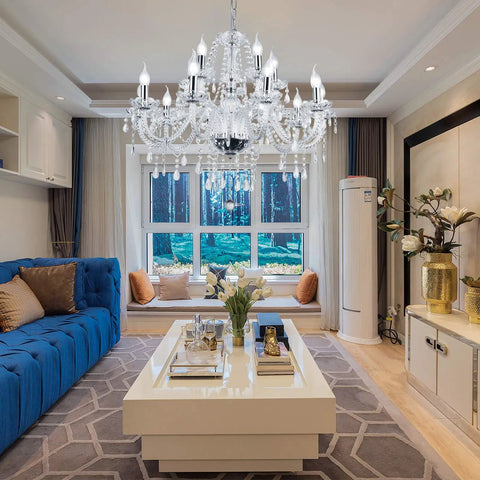 Living room with modern luxurious 12 Lights K9 Crystal Chandelier Pendant Ceiling Light in Silver, elegant and sparkling centerpiece