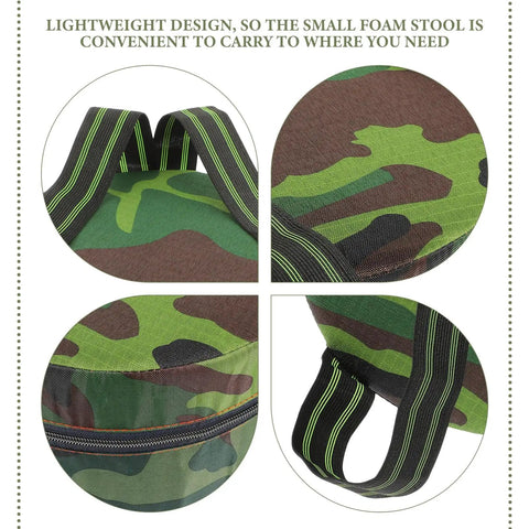 Wearable Garden Stool With Soft Foam Cushion showing camouflage pattern and lightweight design for easy portability.