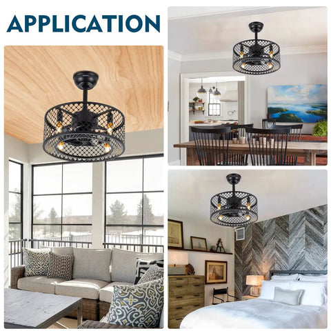 Dope Caged Ceiling Fan With Lights Remote Control, Industrial Enclosed Blades, Reversible Motor, 3 Speeds, 18 Inch Black Fixture For Living Room, Bedroom, Kitchen Island, Dining Room