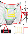 6x6ft Portable Baseball and Softball Net with sturdy bow frame, includes batting tee, ball caddy, two strike zones, family bundle