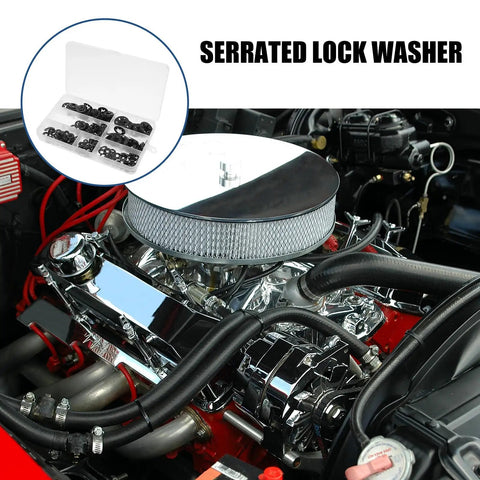 Internal Tooth Lock Washers Push On Clips Fasteners Assortment Kit 340 Pieces Mn Steel Black Oxide Finish in engine view.