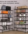 Six Tier Heavy Duty Wire Shelving Unit With Wheels 2100 Lb Capacity 45 By 18 By 82 Inches Adjustable Shelves In One Inch Increments NSF Certified Garage Basement Storage Rack Black Metal on wheels in garage