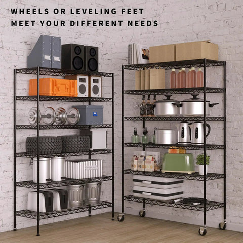 Six Tier Heavy Duty Wire Shelving Unit With Wheels 2100 Lb Capacity 45 By 18 By 82 Inches Adjustable Shelves In One Inch Increments NSF Certified Garage Basement Storage Rack Black Metal on wheels in garage