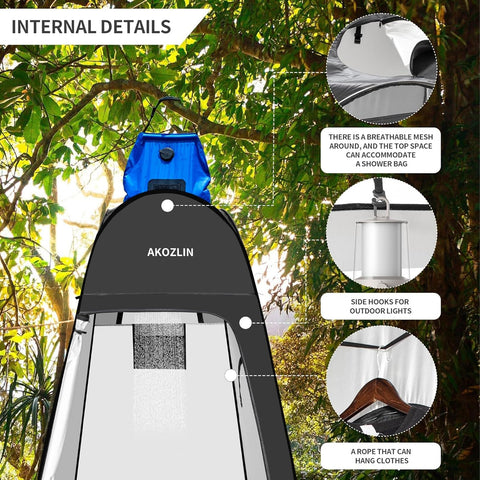 Interior view of portable pop up shower tent with instant privacy dressing room, featuring hooks, rope for clothes, and ventilation.