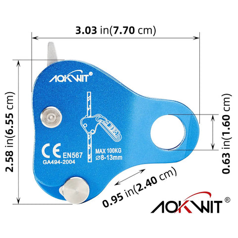 Climbing Ascender Fall Protection Belay Device And Rope Grab For Rock Climbing Mountaineering Arborist Tree Work Expedition Caving Rescue And Aerial Tasks Built For Beast Mode Aluminum Gear Blue, dimensions labeled
