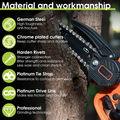 Super Sharp 6 Inch Mini Chainsaw Chain 5 Pack Compatible With Ryobi 18V Pruning Saw, showing premium German steel chain on tree.