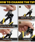 Step-by-step guide for changing tips of 4 In 1 Heavy Duty Snap Ring Pliers Set With Interchangeable Heads For Internal And External Retaining Rings 45 And 90 Degree Angled Jaws Circlip Removal Tool For Auto Repair Machinery And Home DIY