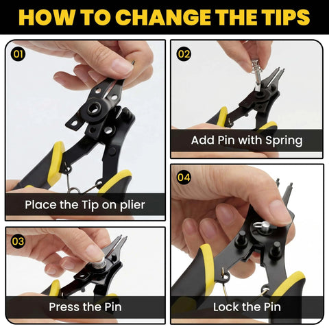 Step-by-step guide for changing tips of 4 In 1 Heavy Duty Snap Ring Pliers Set With Interchangeable Heads For Internal And External Retaining Rings 45 And 90 Degree Angled Jaws Circlip Removal Tool For Auto Repair Machinery And Home DIY