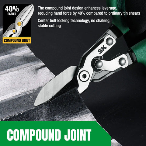 Close-up of 8 Inch Compound Action Tin Snips With Forged Blade For Heavy Duty Metal Cutting, showing ergonomic handle and blade in use.