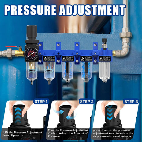 All In One Heavy Duty 1/4 Inch NPT Five Stage Air Filter Regulator Lubricator Combo With Water Separator installed with adjustment steps