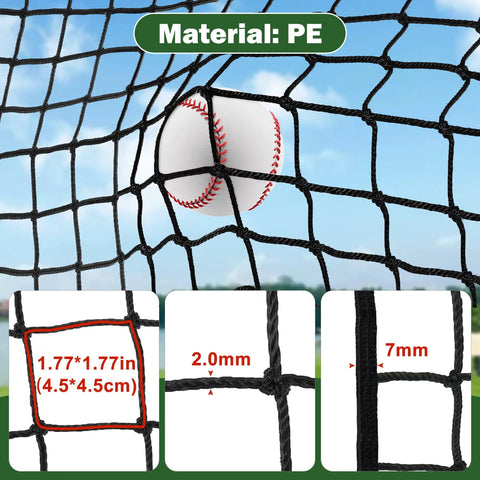 Heavy Duty Baseball Batting Cage Net 10x10x20 Feet With 10 Carabiners And 4 Tie Ropes Durable Nylon detail showing net with baseball
