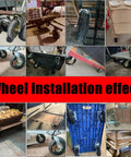 Collage showing 8 Inch Ball Bearing Pneumatic Wheels Swivel Castors With Rugged Rubber Tread attached to various surfaces