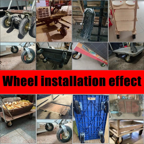 Collage showing 8 Inch Ball Bearing Pneumatic Wheels Swivel Castors With Rugged Rubber Tread attached to various surfaces