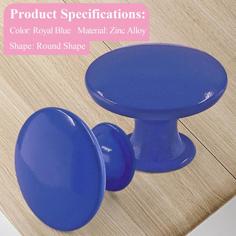 Fresh Royal Blue Metal Round Drawer Knobs 10 Pack For Kitchen Cabinets And Bedroom Dressers Sleek hardware pulls displayed on wood.
