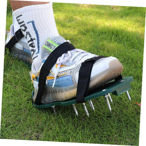 8 Pack Garden Aerator Shoes Straps Durable Lawn Aerating Sandals For Easy Soil Loosening Thatch Reduction Fits All Foot Sizes. Close-up of spiked sole.