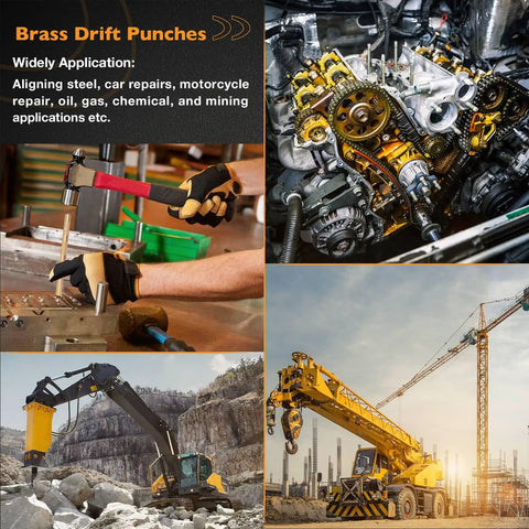 Brass drift punches used for aligning steel and car repairs; visible in applications like construction and automotive engine repair